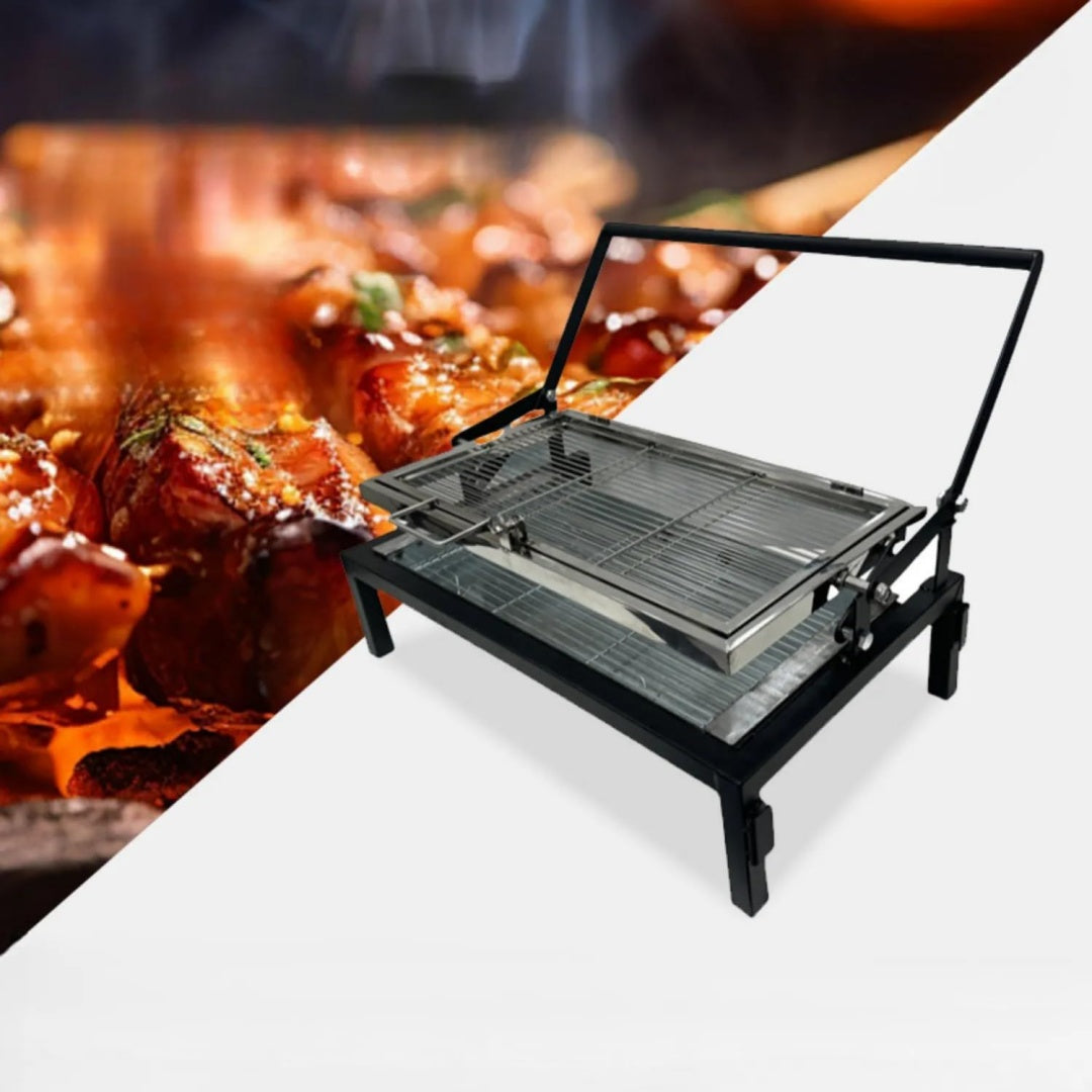 Barbecue a carbone pieghevole con struttura in acciaio nero per spazi esterni Design manico ribaltabile