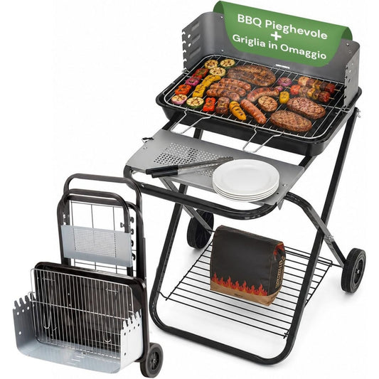 Barbecue a carbone pieghevole con struttura in acciaio nero per spazi esterni pieghevole